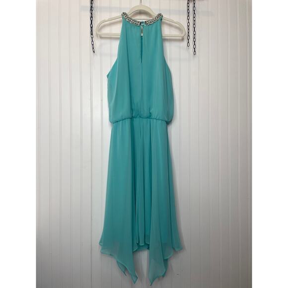 MSK Blue Halter Jeweled Handkerchief Hem Midi Dress Party Cocktail Size 12 - Picture 2 of 6